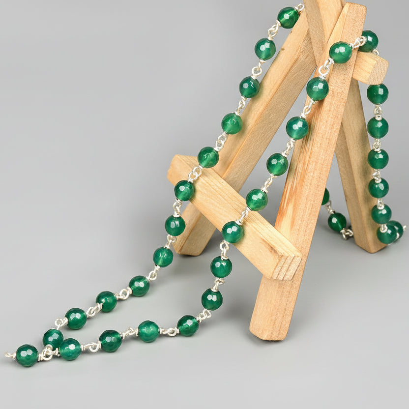 Green Onyx Faceted 925 Silver Wire Mala-6 mm