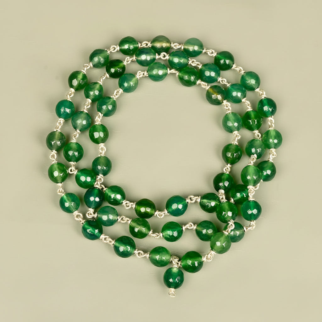 Green Onyx Faceted 925 Silver Wire Mala-6 mm