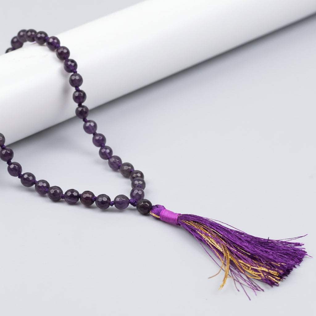 Amethyst Faceted Beads Knotted Mala-10 mm