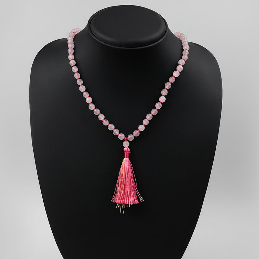 Rose Quartz Faceted Beads Knotted Mala-8 mm