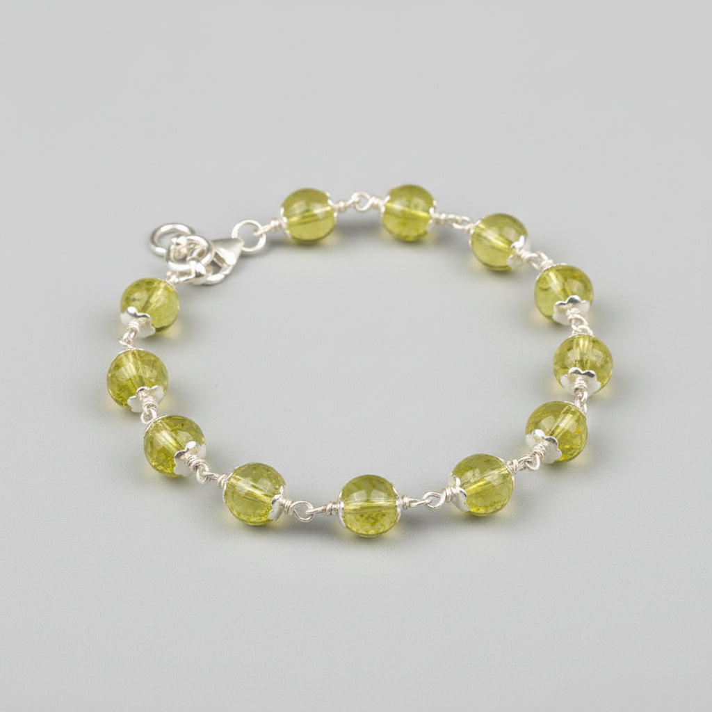 Peridot 925 Silver Flower Caps Bracelet-6 mm