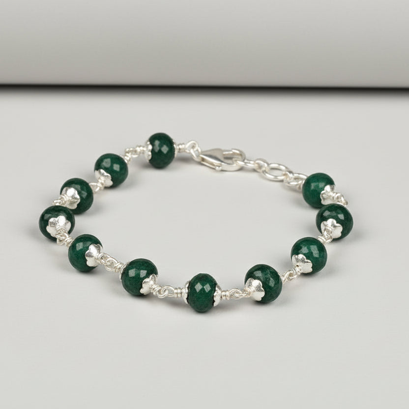 Faceted Emerald 925 Silver Flower Caps Bracelet - 42 Carats
