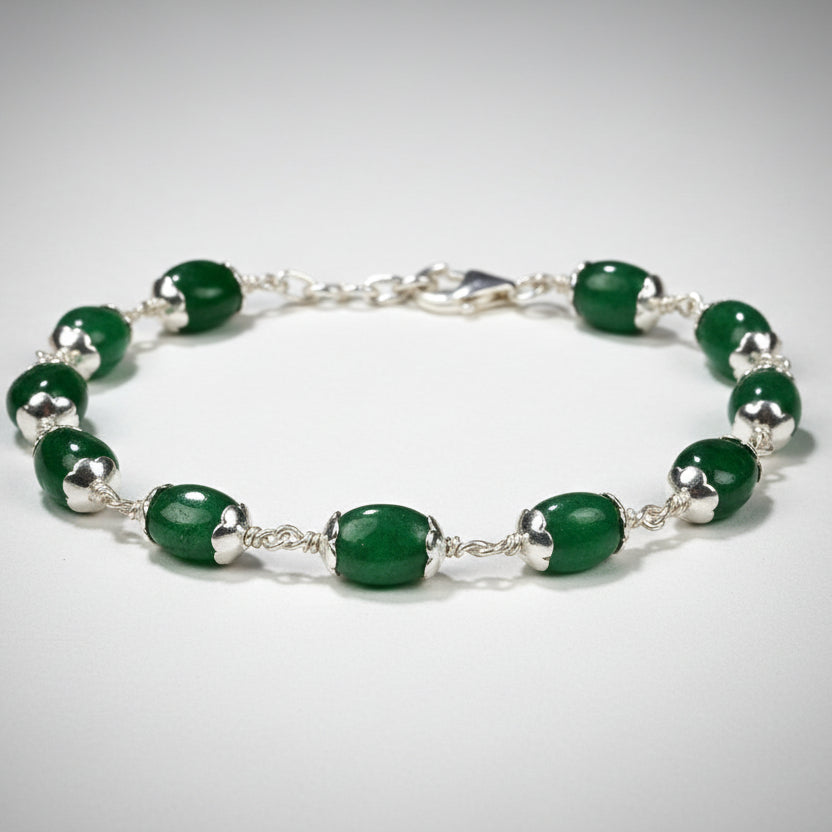 Emerald Oval Beads 925 Silver Flower Caps Bracelet - 23.75 Carats
