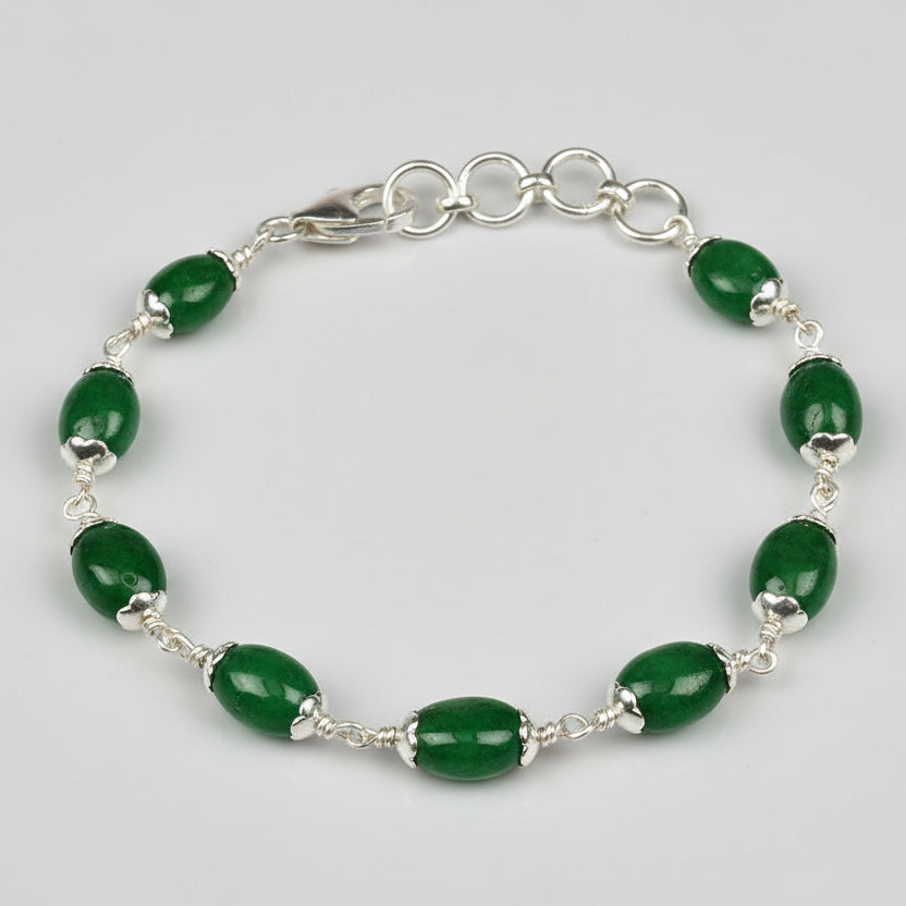 Emerald Oval Beads 925 Silver Flower Caps Bracelet - 38.80 Carats