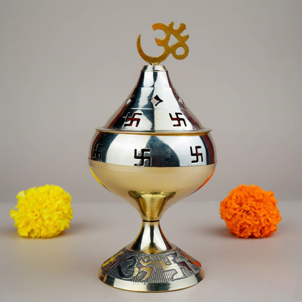 Brass OM Swastik Akhand Diya-Large-Gold Finish