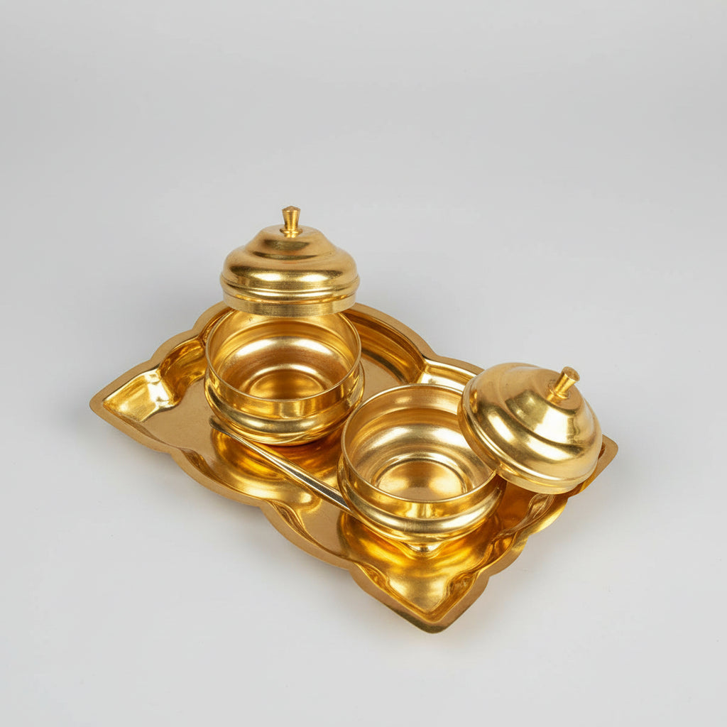Brass Rectangle Plate with Haldi Kumkum Containers (Dibbi) Set
