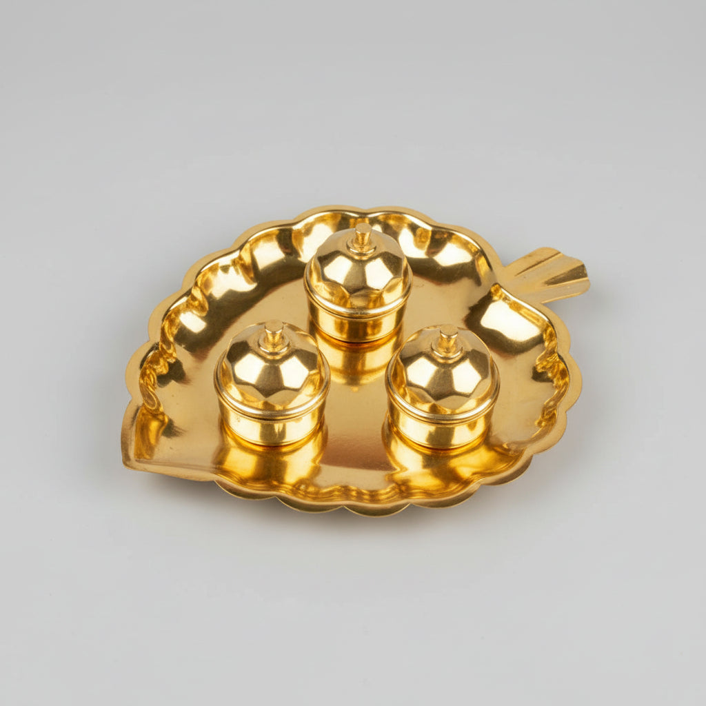 Brass Peepal Leaf Plate with Haldi Kumkum Akshat Rice Containers (Dibbi)