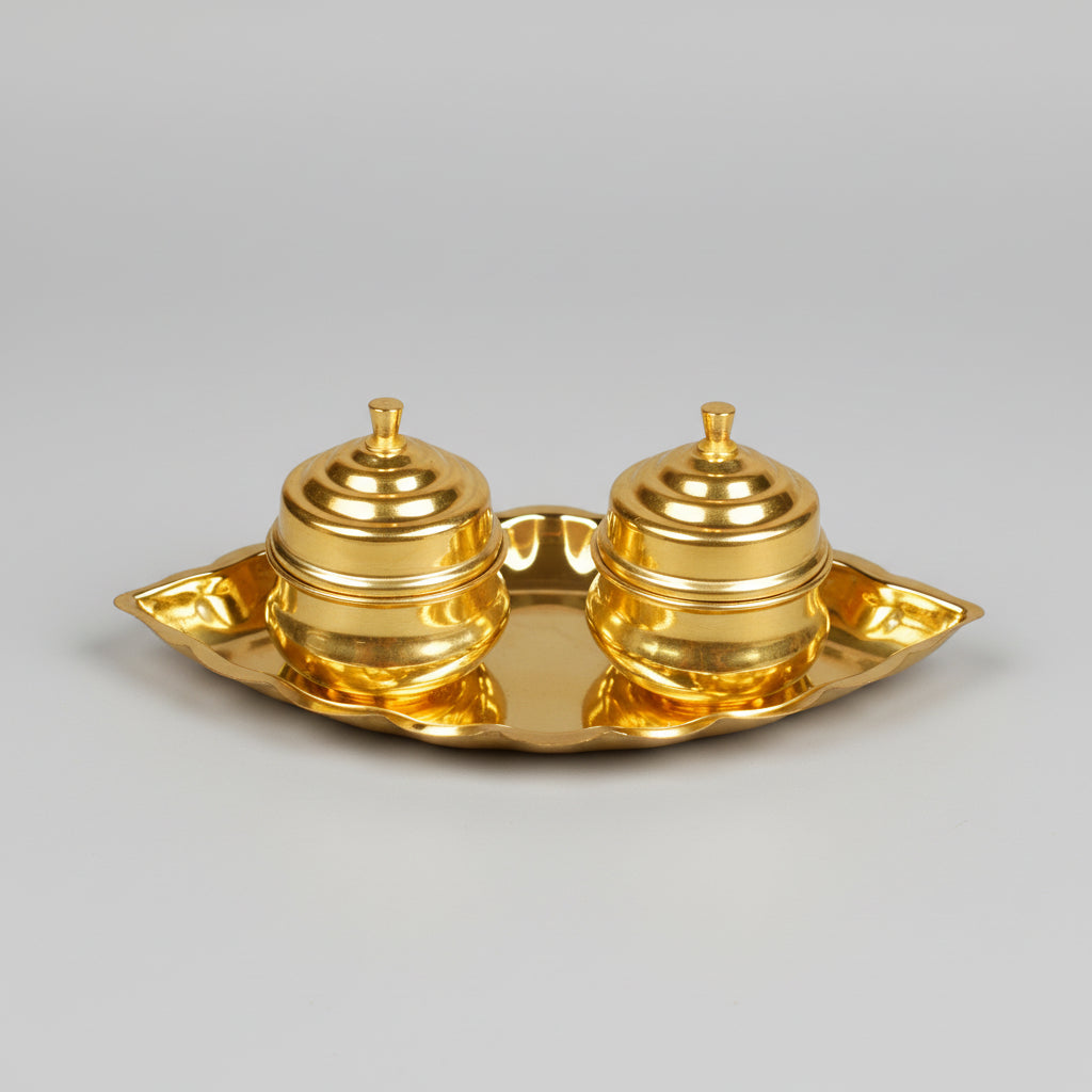 Brass Boat Kuyri with Haldi Kumkum Containers (Dibbi) Set-Large