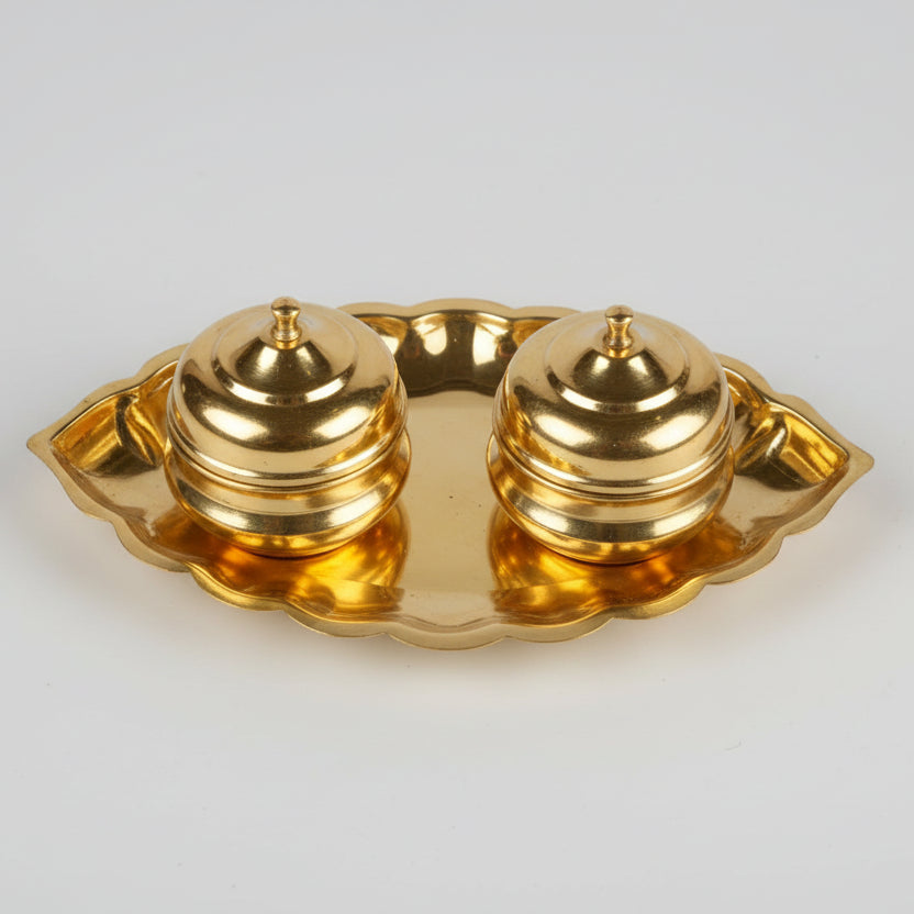 Brass Boat Kuyri with Haldi Kumkum Containers (Dibbi) Set-Small