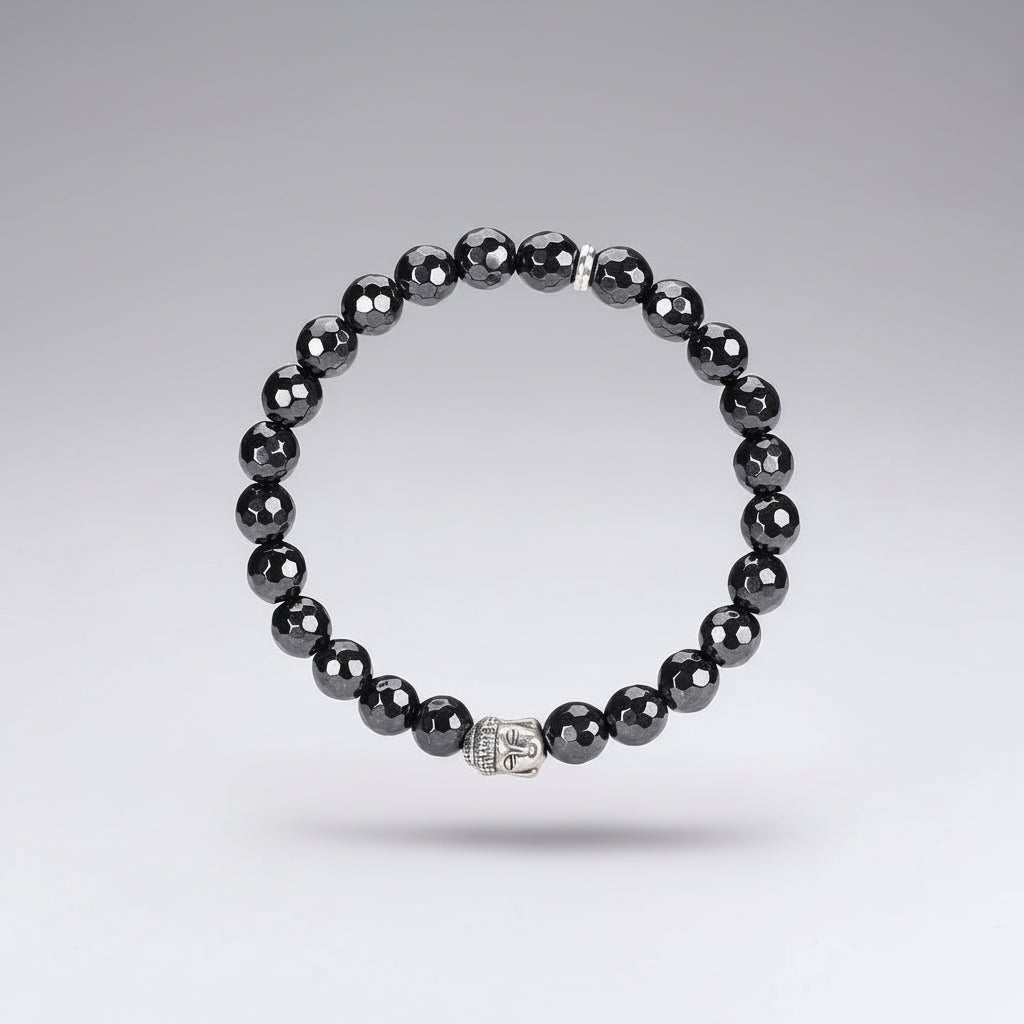 Hematite Faceted Beads Buddha Charm Bracelet