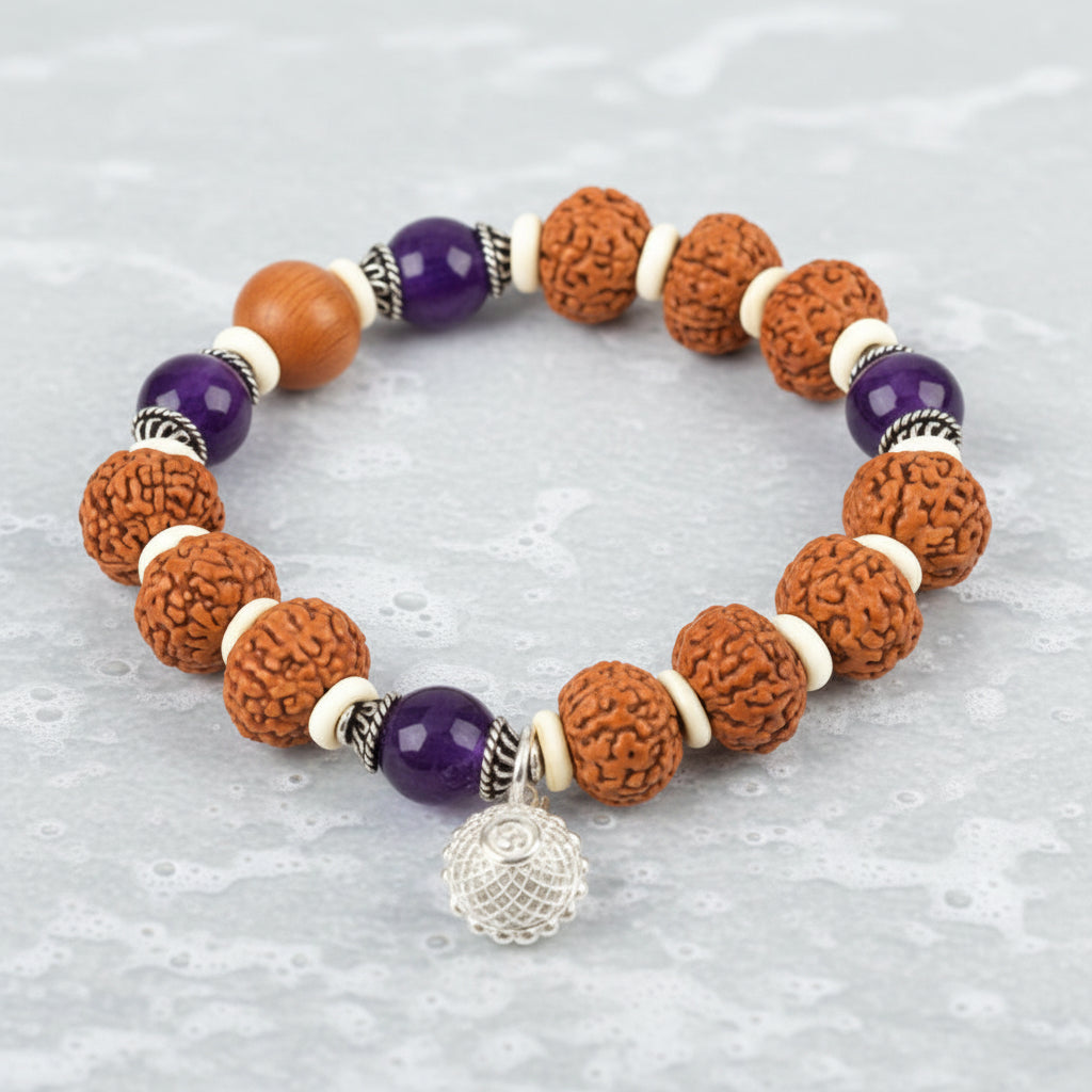 9 Mukhi Rudraksha and Amethyst Beads Bracelet