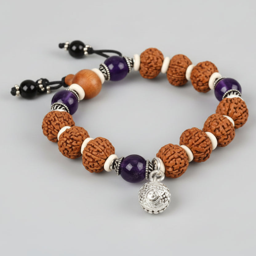 9 Mukhi Rudraksha and Amethyst Beads Bracelet