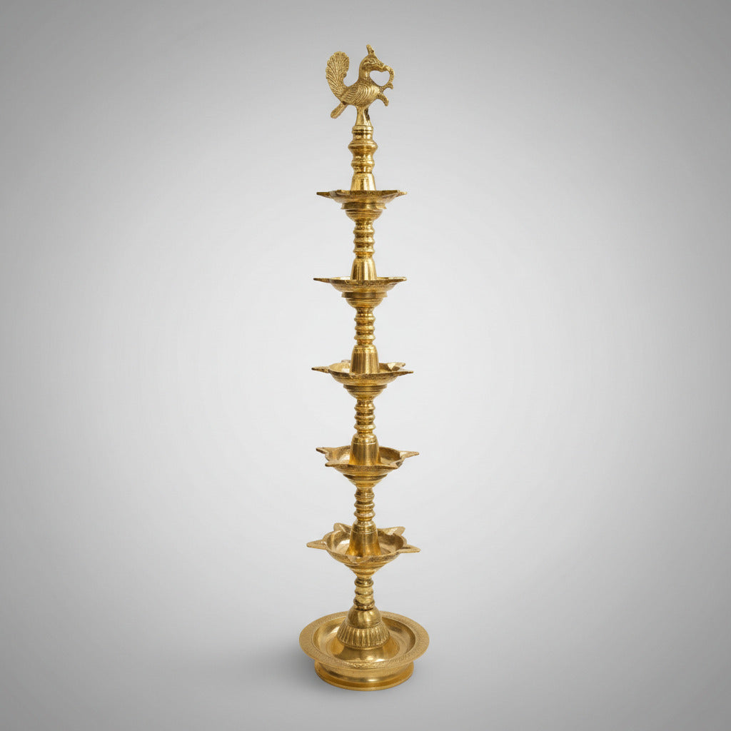 5 Tier Peacock Samai Lamp In Brass