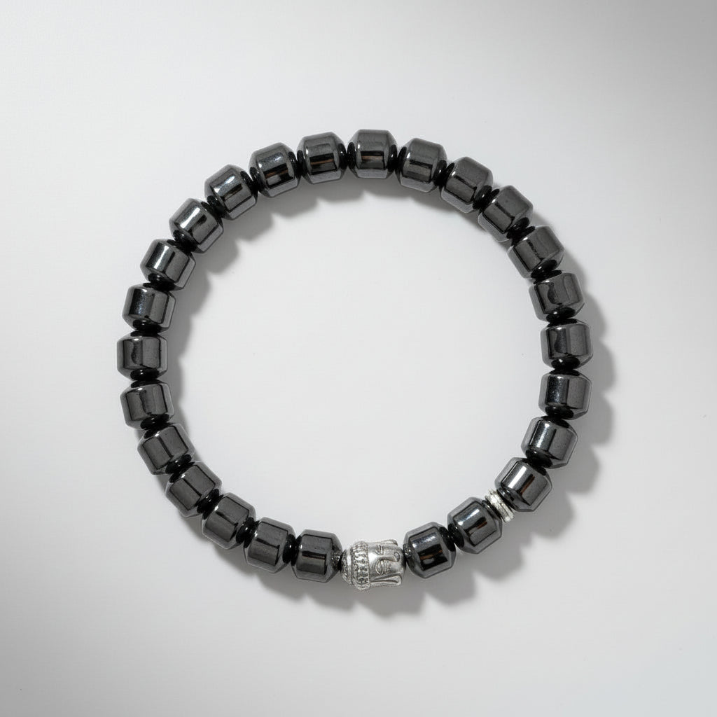 Hematite Cylindrical Beads Buddha Charm Bracelet