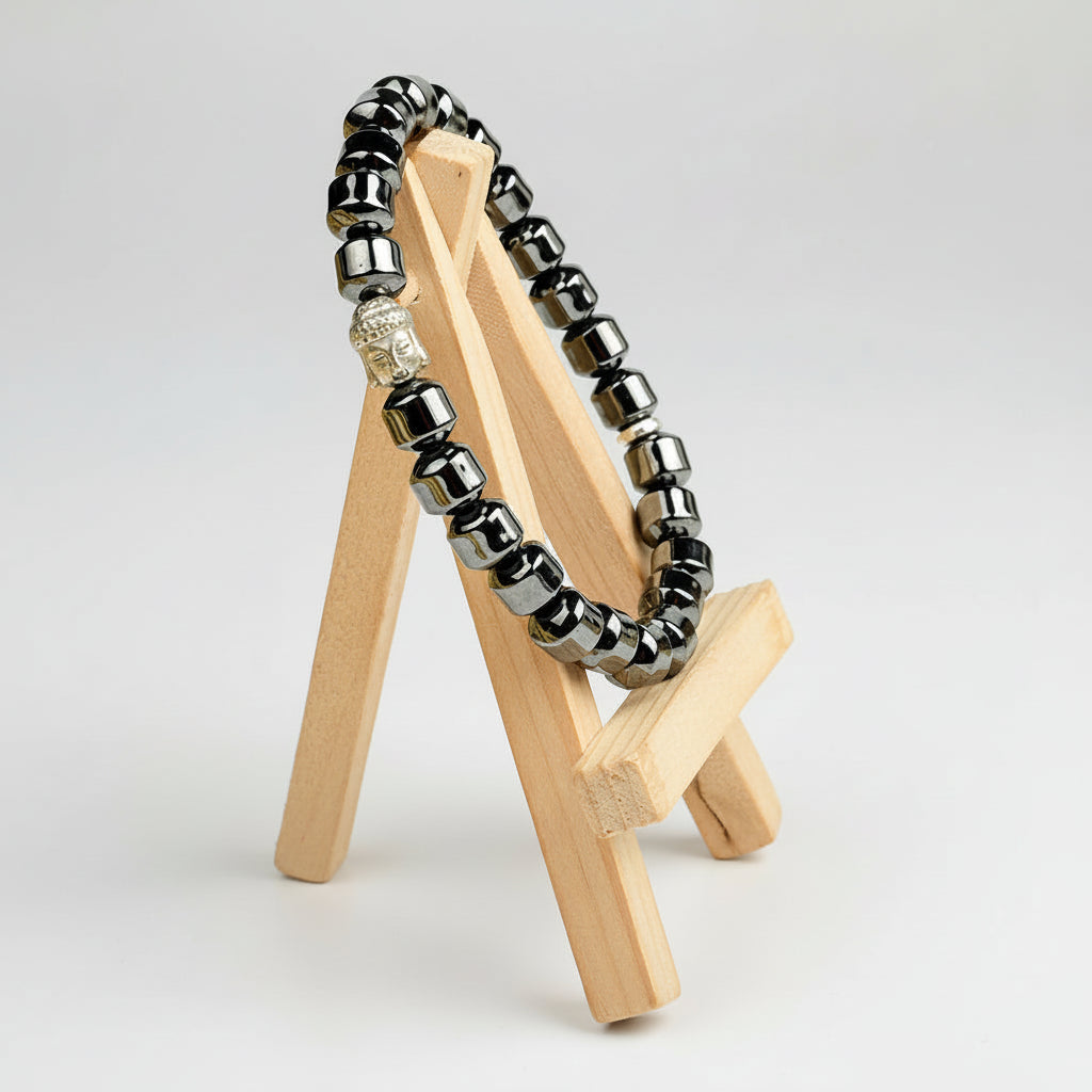 Hematite Cylindrical Beads Buddha Charm Bracelet