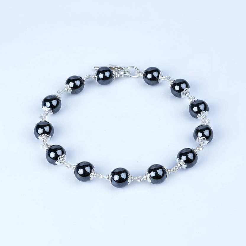 Hematite 925 Silver Flower Caps Bracelet-6 mm