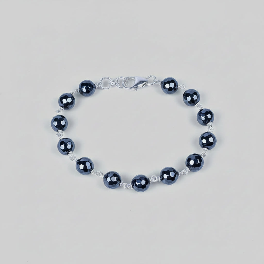 Hematite Faceted Beads 925 Silver Wire Bracelet