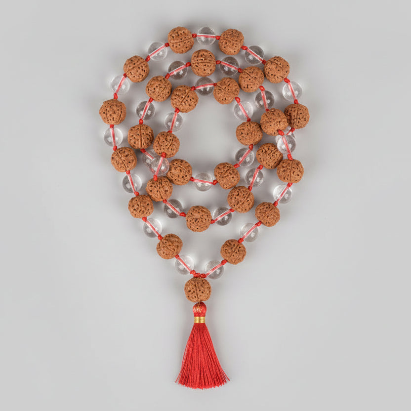 Premium 5 Mukhi Rudraksha & Sphatik Beads Mala-16 mm
