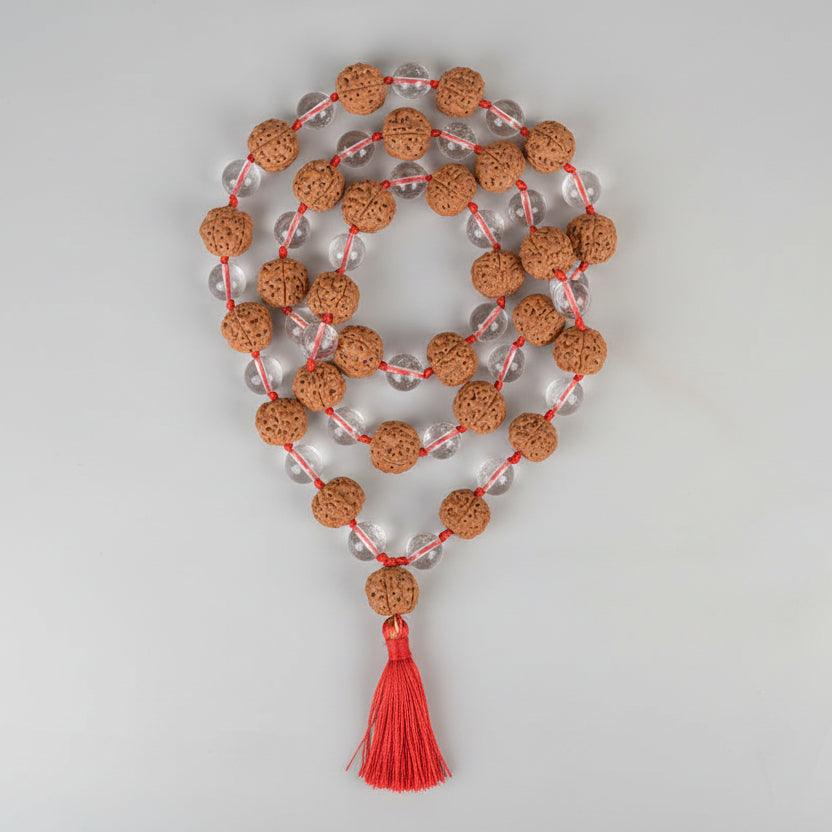 Premium 5 Mukhi Rudraksha & Sphatik Beads Mala-14 mm