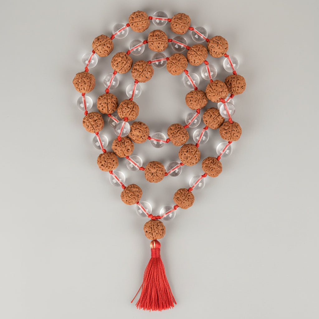 Premium 5 Mukhi Rudraksha & Sphatik Beads Mala-10 mm
