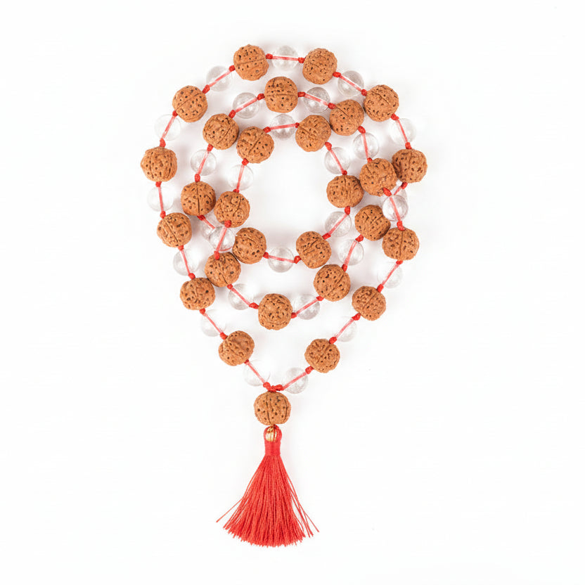 Premium 5 Mukhi Rudraksha & Sphatik Beads Mala-12 mm