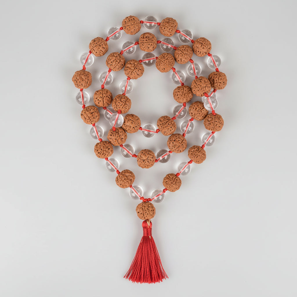 Premium 5 Mukhi Rudraksha & Sphatik Beads Mala-8 mm