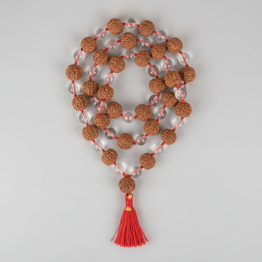 Premium 5 Mukhi Rudraksha & Sphatik Beads Mala-6 mm