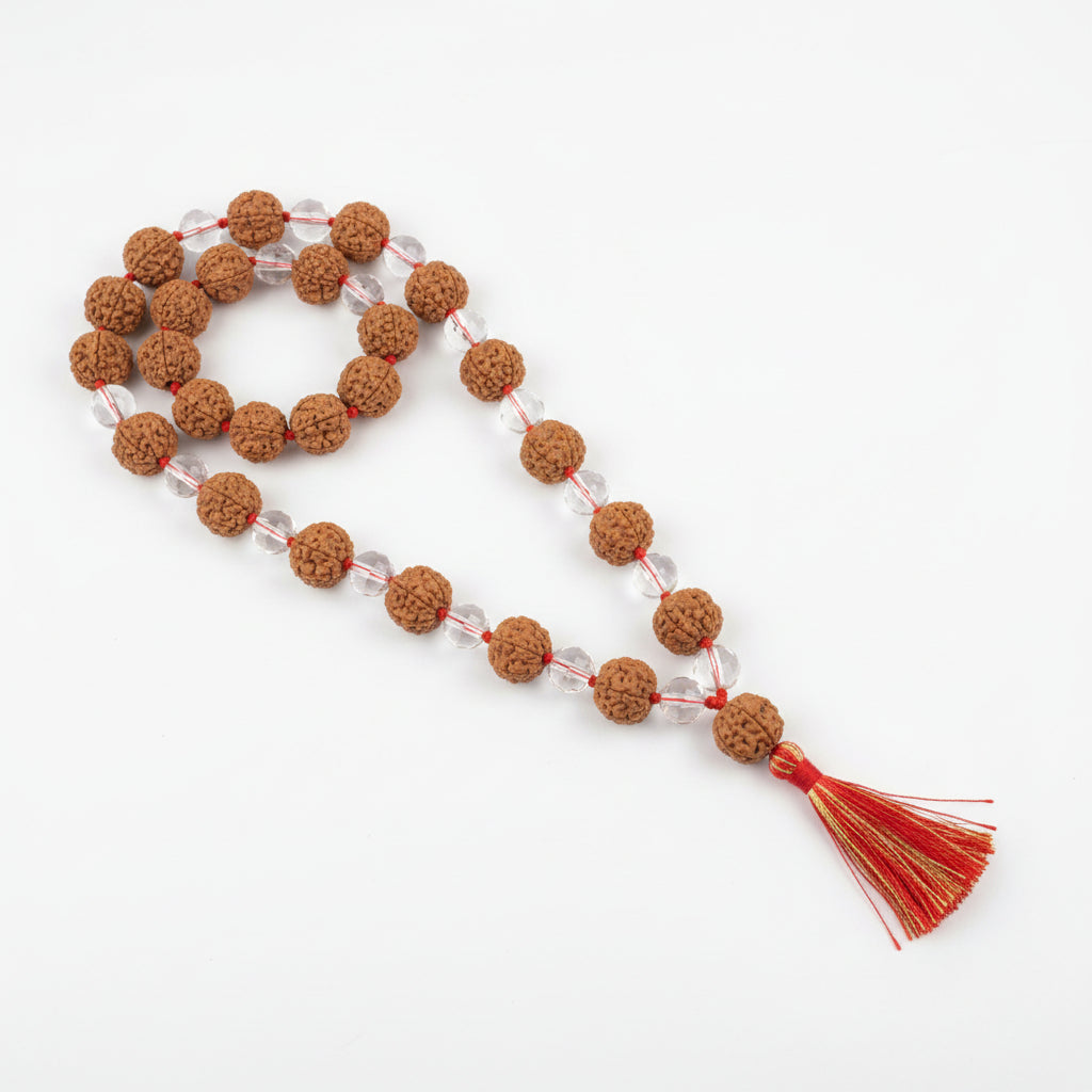 Premium 5 Mukhi Rudraksha & Sphatik Beads Mala-16 mm