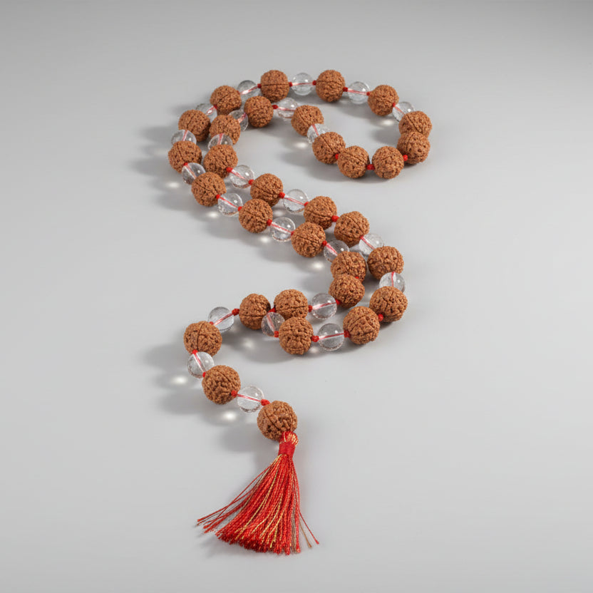 Premium 5 Mukhi Rudraksha & Sphatik Beads Mala-8 mm