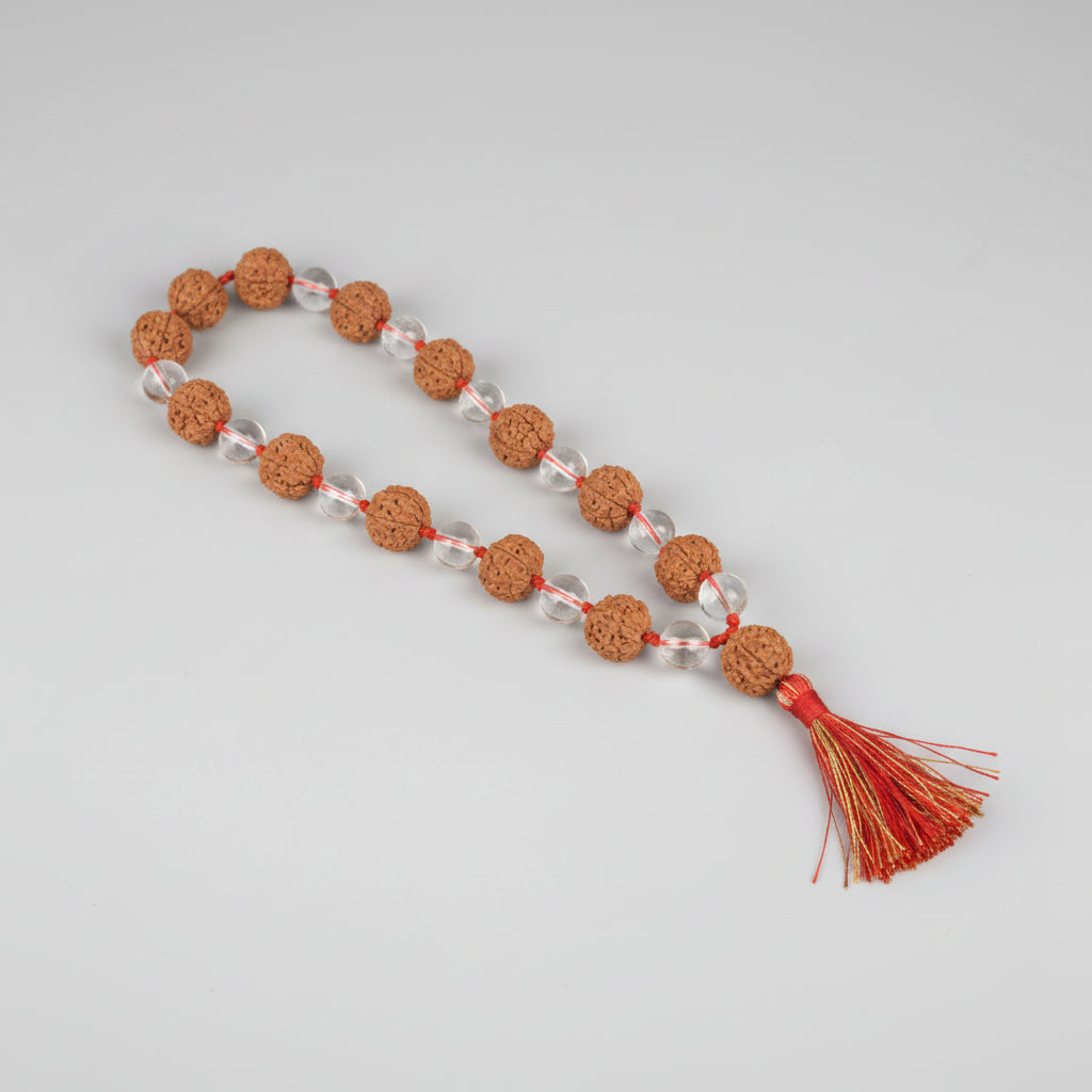 Premium 5 Mukhi Rudraksha & Sphatik Beads Mala-14 mm