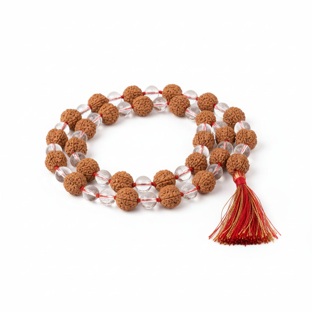 Premium 5 Mukhi Rudraksha & Sphatik Beads Mala-10 mm