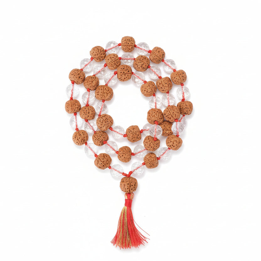 Premium 5 Mukhi Rudraksha & Faceted Sphatik Mala-16 mm