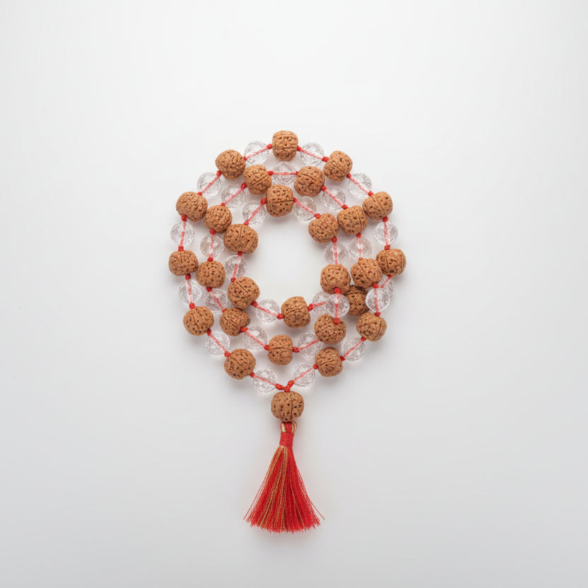 Premium 5 Mukhi Rudraksha & Faceted Sphatik Mala-10 mm