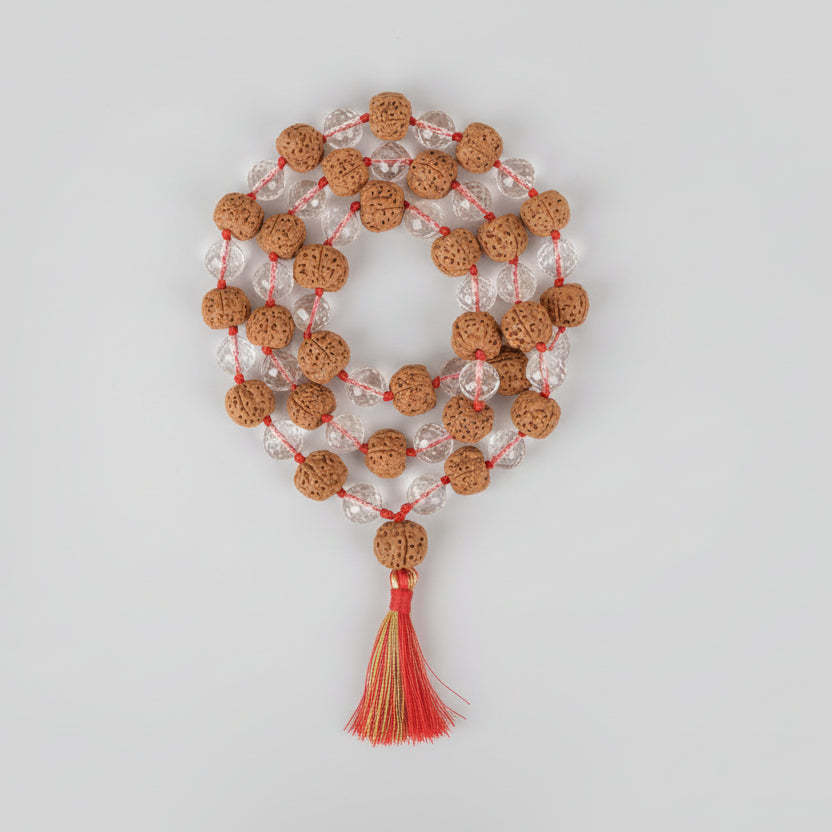 Premium 5 Mukhi Rudraksha & Faceted Sphatik Mala-12 mm