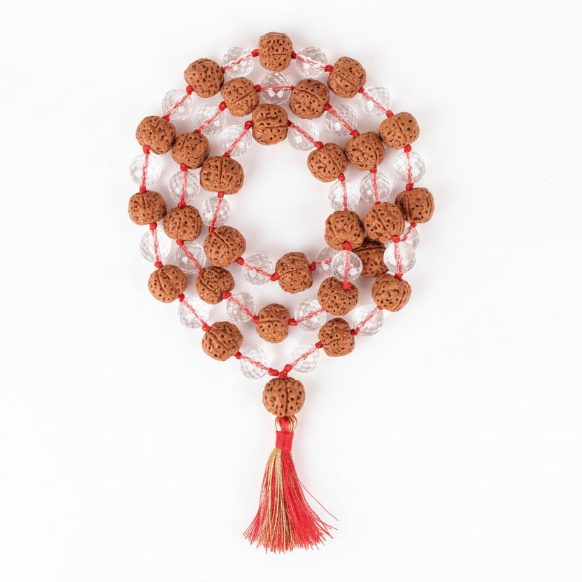 Premium 5 Mukhi Rudraksha & Faceted Sphatik Mala-6 mm