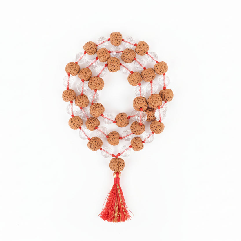 Premium 5 Mukhi Rudraksha & Faceted Sphatik Mala-8 mm