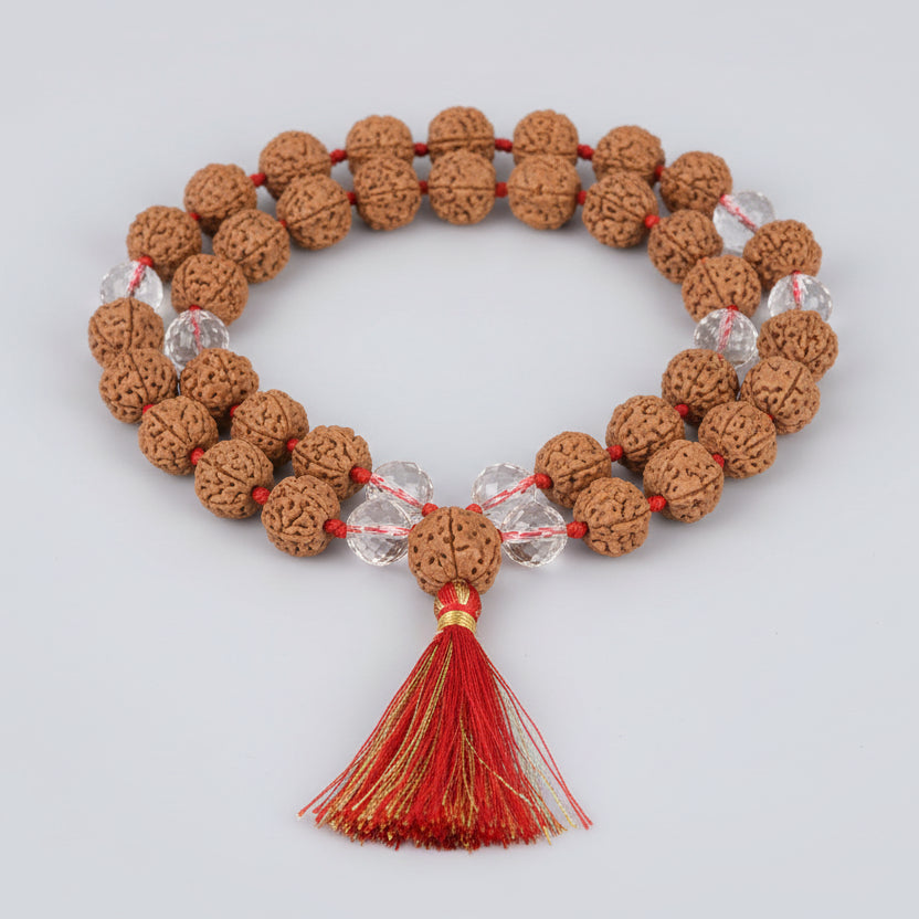 Premium 5 Mukhi Rudraksha & Faceted Sphatik Mala-16 mm