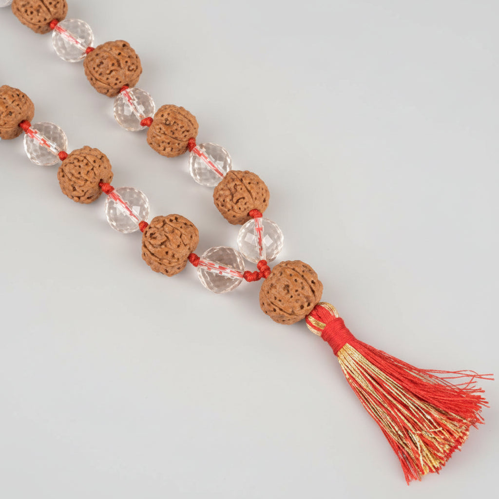 Premium 5 Mukhi Rudraksha & Faceted Sphatik Mala-14 mm