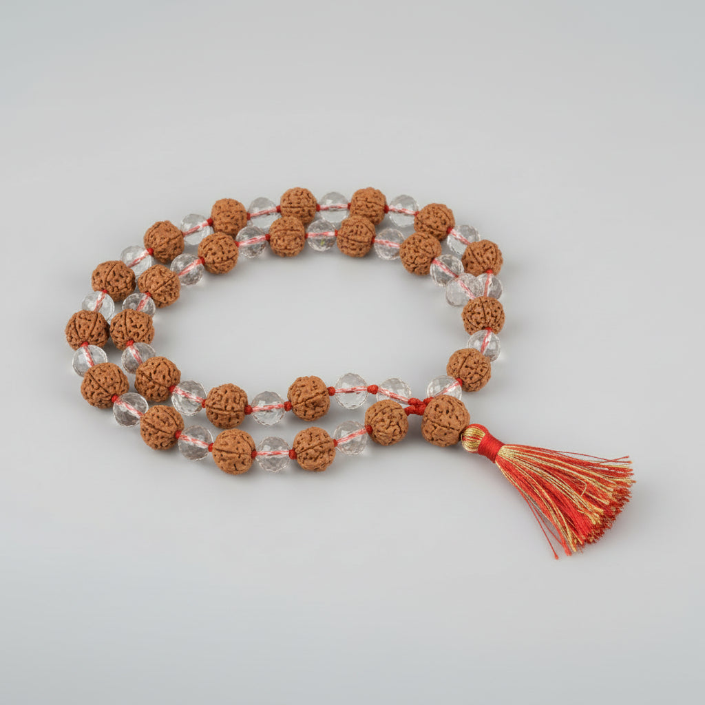 Premium 5 Mukhi Rudraksha & Faceted Sphatik Mala-8 mm