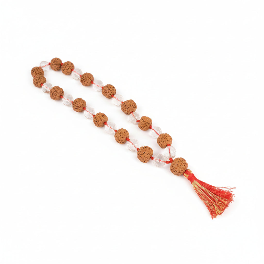 Premium 5 Mukhi Rudraksha & Faceted Sphatik Mala-10 mm