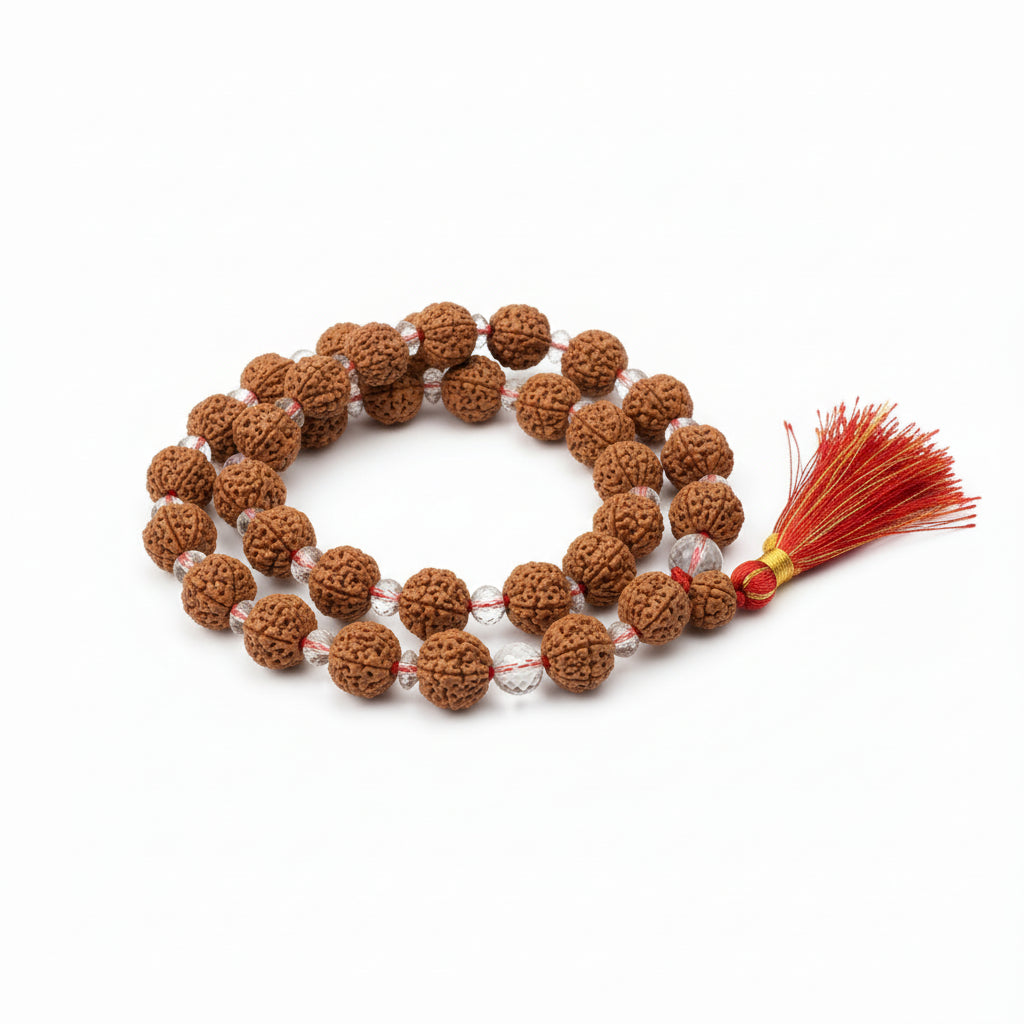 Premium 5 Mukhi Rudraksha & Faceted Sphatik Mala-12 mm