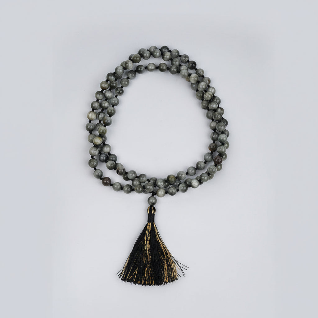 Grey Cat's Eye Knotted Mala-8 mm
