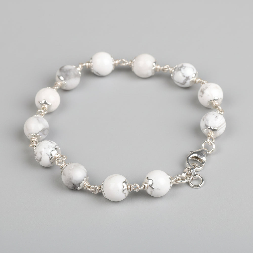 Howlite 925 Silver Flower Caps Bracelet