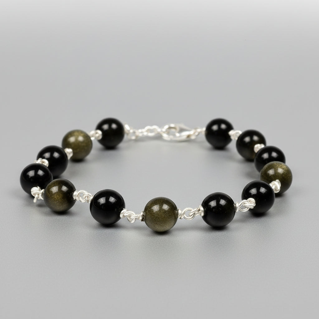 Black Obsidian 925 Silver Wire Bracelet