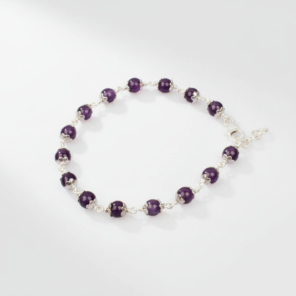 Amethyst Bracelet in Pure Silver Flower Caps