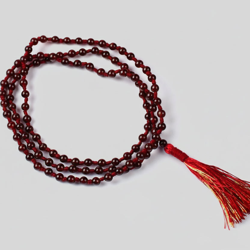 Hessonite Garnet Round Beads Mala With Knots-5 mm