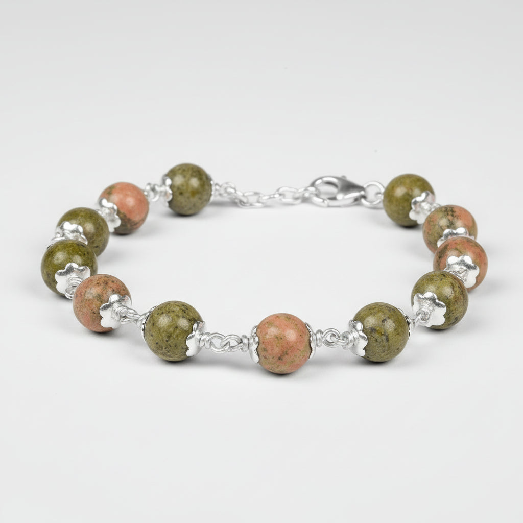 Unakite 925 Silver Flower Caps Bracelet