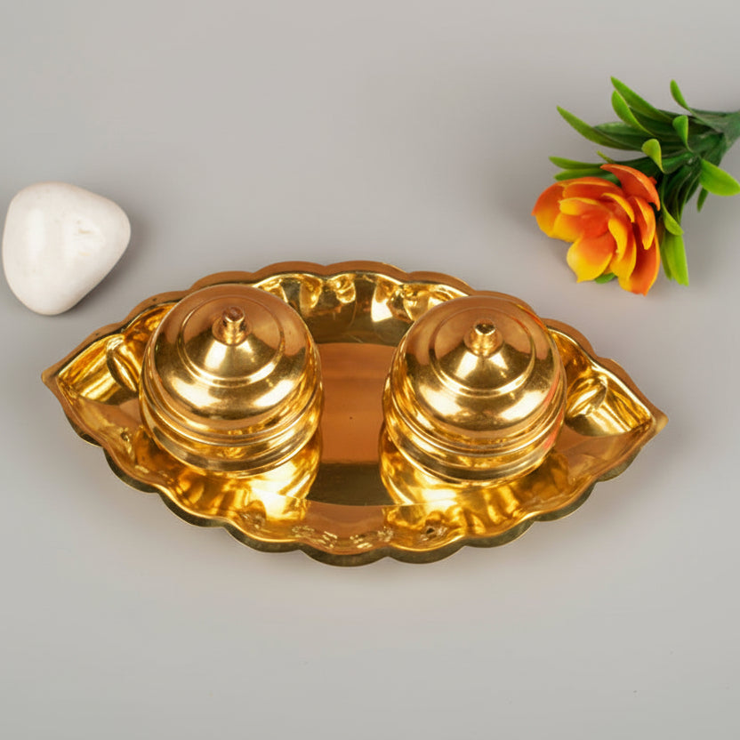 Brass Boat Kuyri with Haldi Kumkum Containers (Dibbi) Set-Large