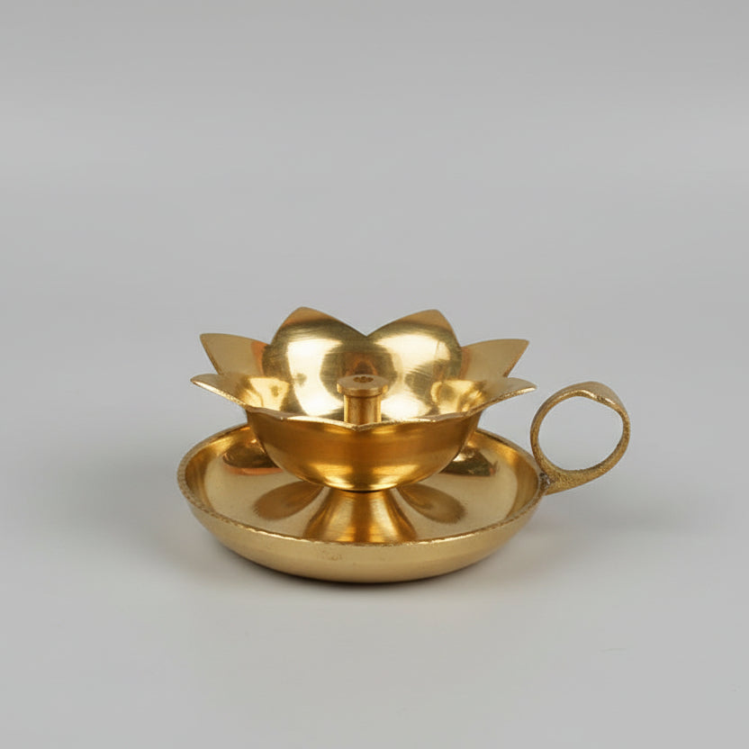 Brass Flower Aarti Diya With Holder