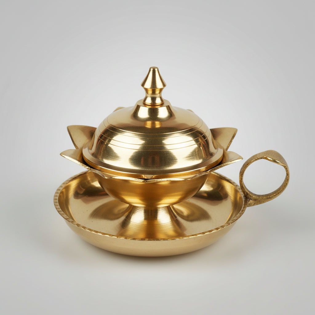 Brass Flower Aarti Diya With Holder